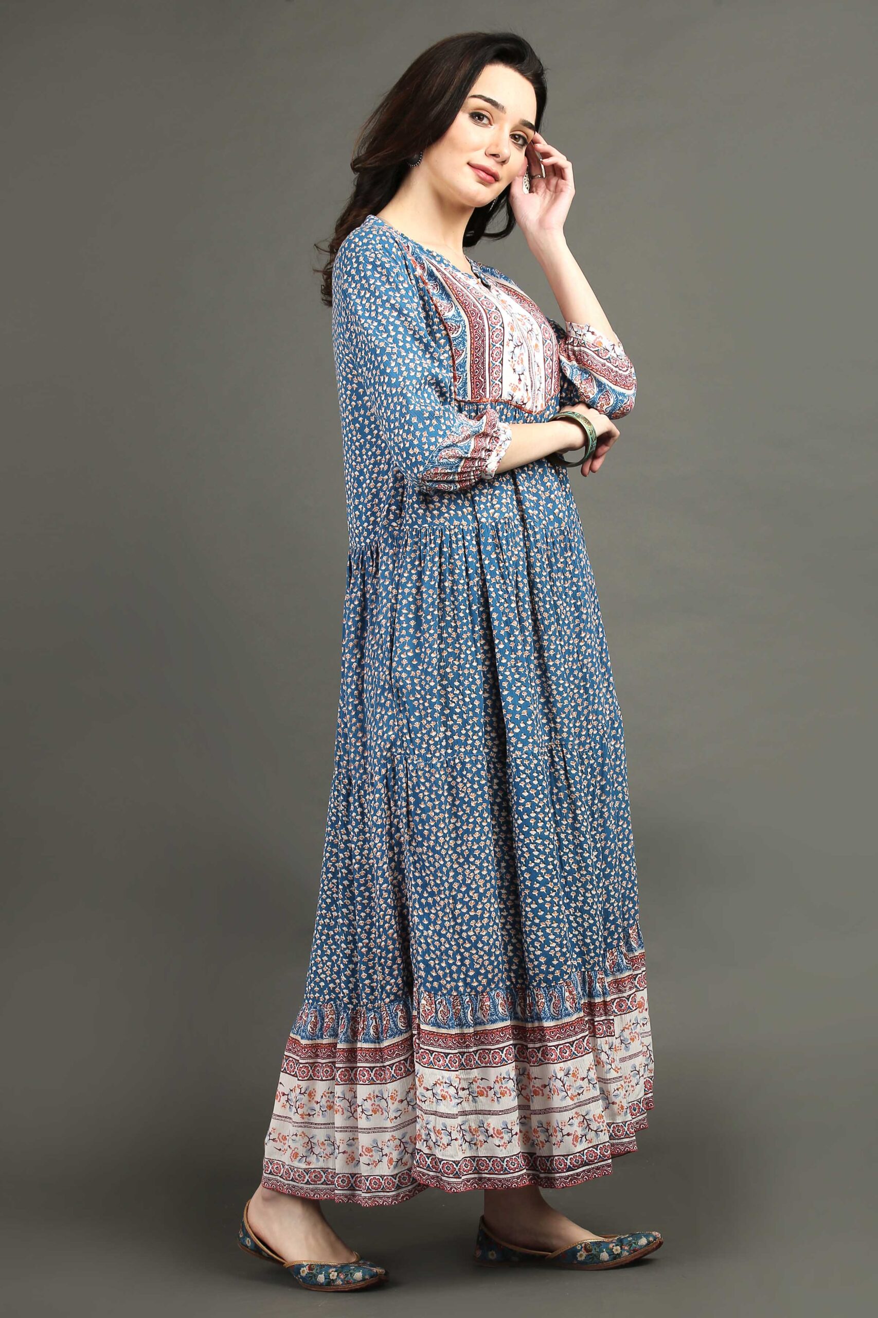 Dusty Blue Printed Bohemian Dress – AVAA India