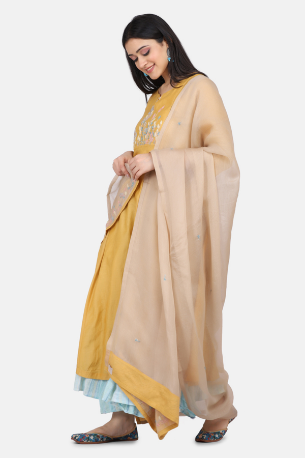 Beige Dupatta With Contrast Piping And Floral Hand Embroidery (Free Size)