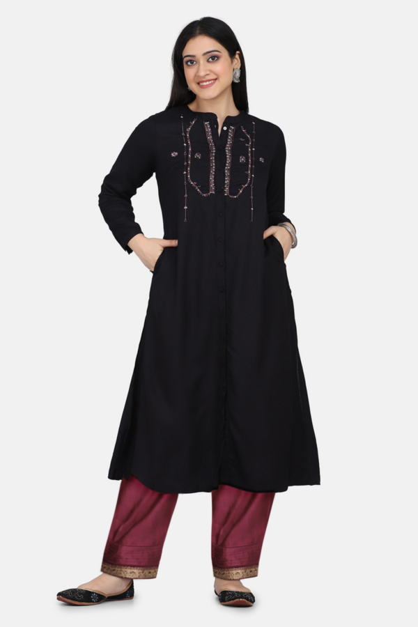 16 Black Hand Embroidered Viscose Dobby Kurta