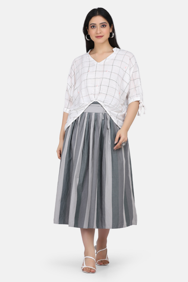 Checkred Cotton Linen High Low Top With Delicate Floral Hand Embroidery