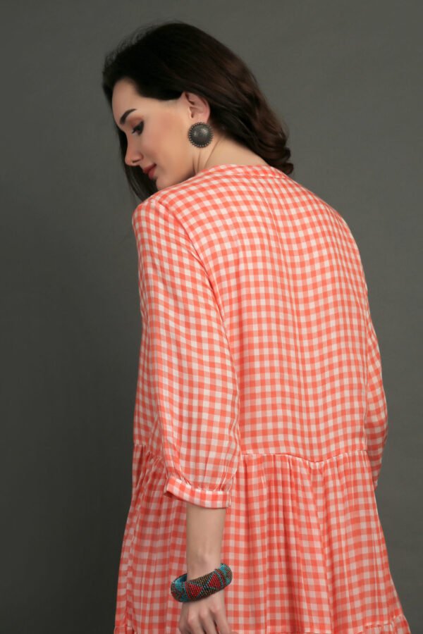 Coral Yarn Dyed Hand Embroidered Tiered Dress With Cotton Slub Printed Crinkled Skir (Set Of 2)