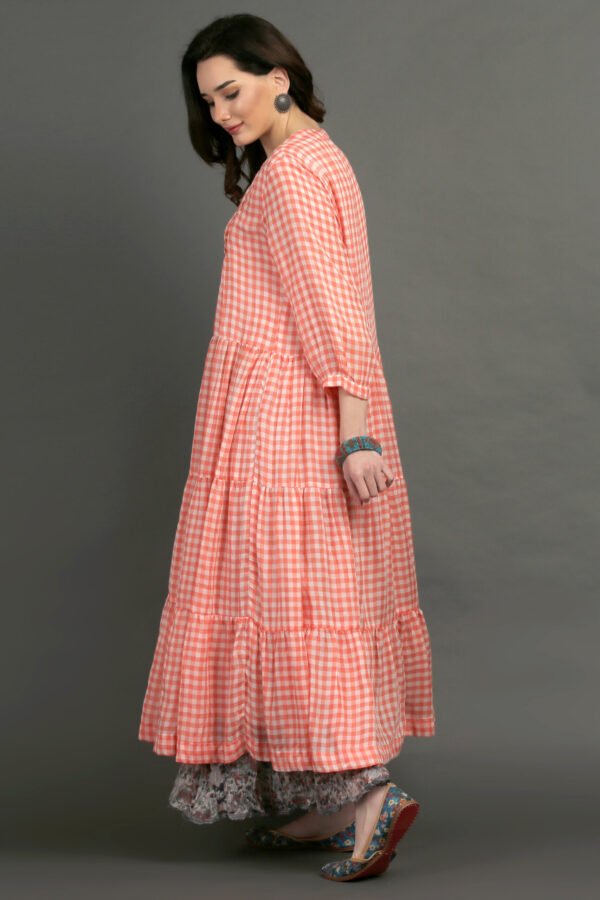 Coral Yarn Dyed Hand Embroidered Tiered Dress With Cotton Slub Printed Crinkled Skir (Set Of 2)