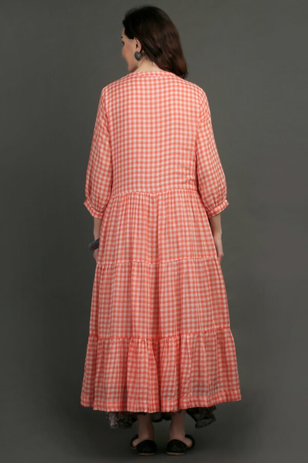 Coral Yarn Dyed Hand Embroidered Tiered Dress With Cotton Slub Printed Crinkled Skir (Set Of 2)