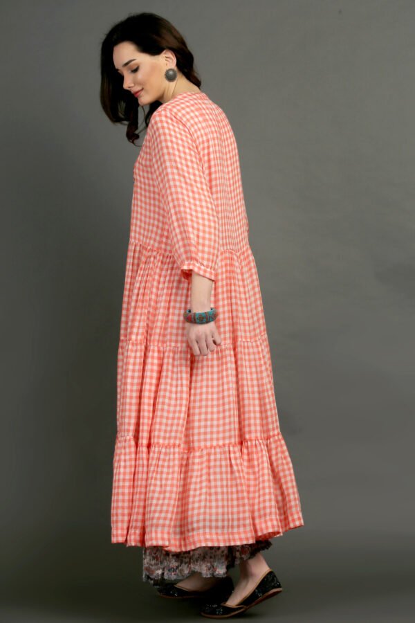 Coral Yarn Dyed Hand Embroidered Tiered Dress With Cotton Slub Printed Crinkled Skir (Set Of 2)