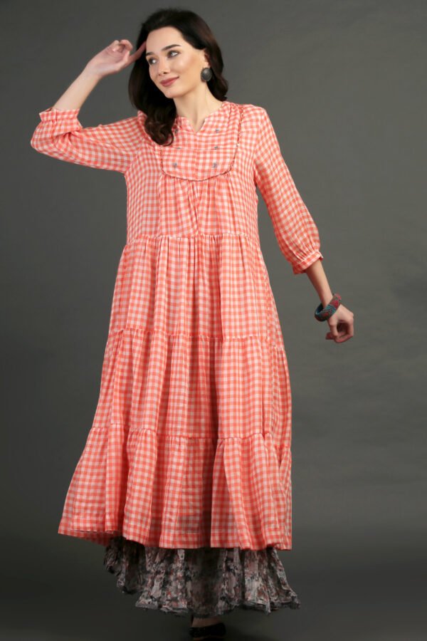 Coral Yarn Dyed Hand Embroidered Tiered Dress With Cotton Slub Printed Crinkled Skir (Set Of 2)