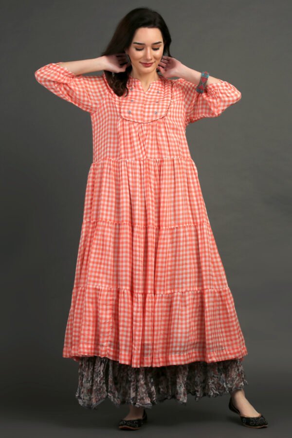 Coral Yarn Dyed Hand Embroidered Tiered Dress With Cotton Slub Printed Crinkled Skir (Set Of 2)