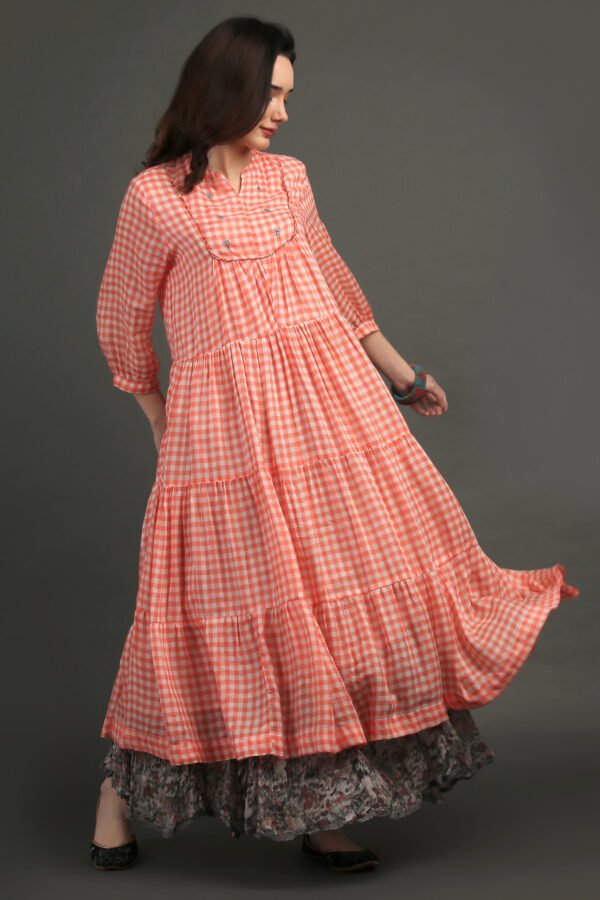 Coral Yarn Dyed Hand Embroidered Tiered Dress With Cotton Slub Printed Crinkled Skir (Set Of 2)