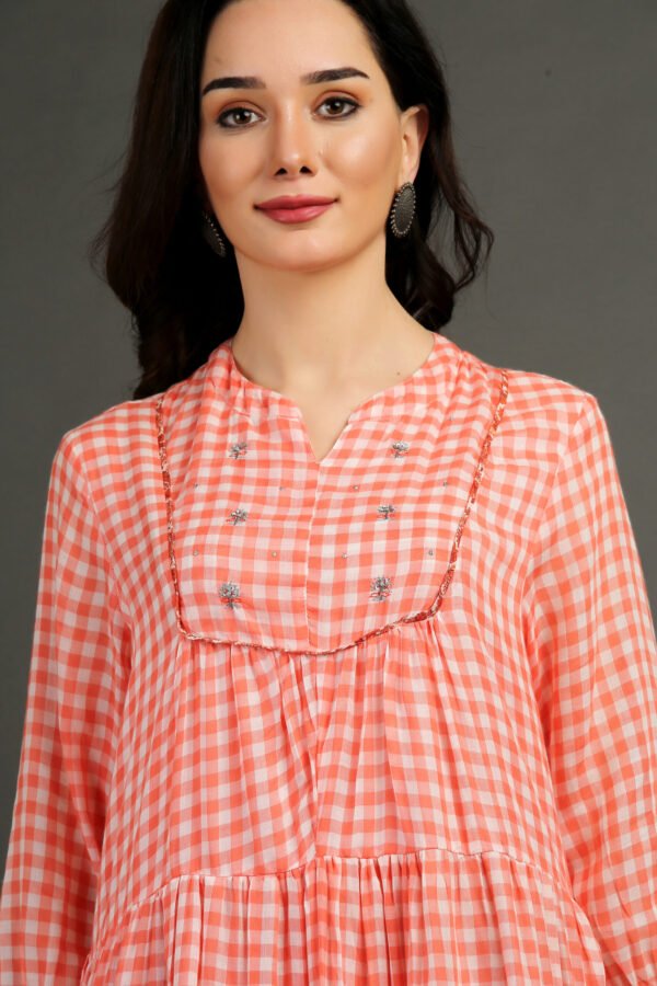 Coral Yarn Dyed Hand Embroidered Tiered Dress With Cotton Slub Printed Crinkled Skir (Set Of 2)