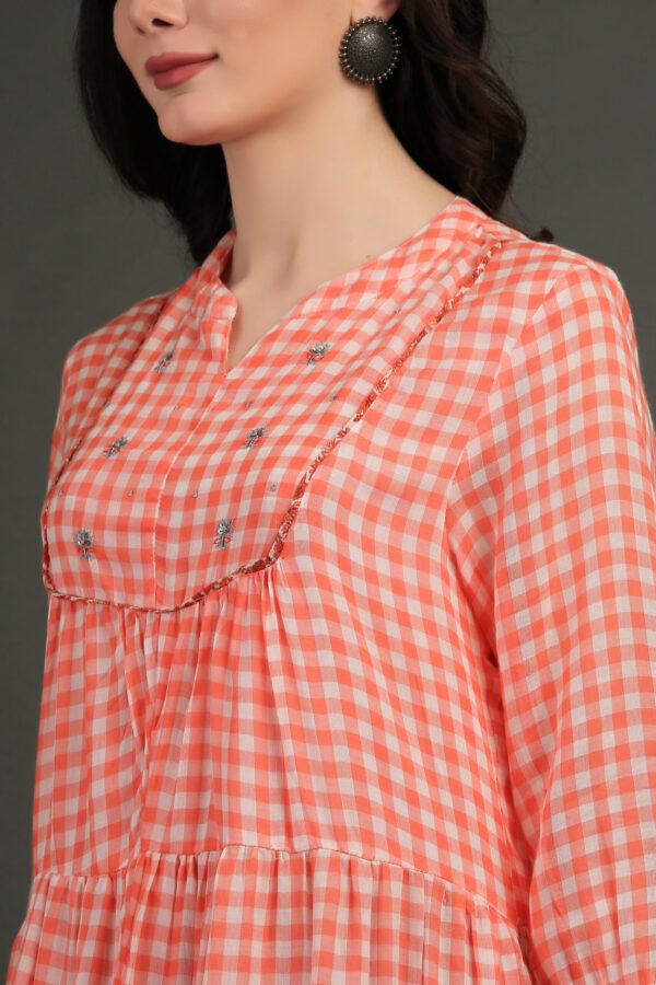 Coral Yarn Dyed Hand Embroidered Tiered Dress With Cotton Slub Printed Crinkled Skir (Set Of 2)