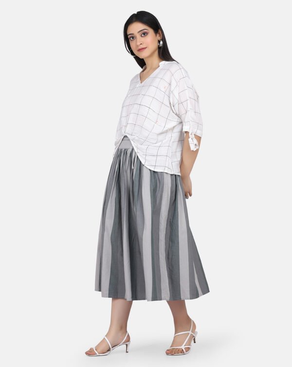 Checkred Cotton Linen High Low Top With Delicate Floral Hand Embroidery