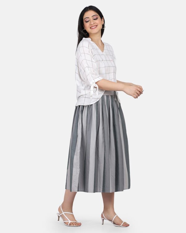 Checkred Cotton Linen High Low Top With Delicate Floral Hand Embroidery