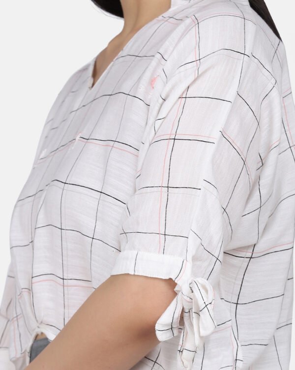 Checkred Cotton Linen High Low Top With Delicate Floral Hand Embroidery