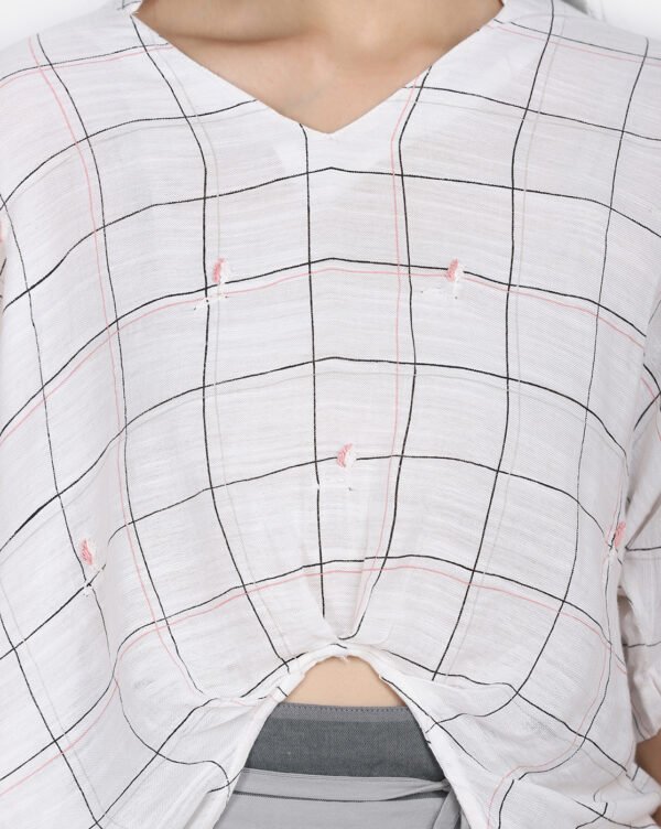 Checkred Cotton Linen High Low Top With Delicate Floral Hand Embroidery