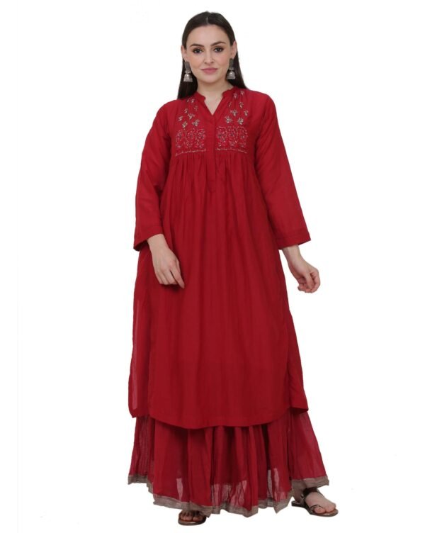 Red Cotton Silk Kurta With Delicate Zardozi Hand Embroidery On Yoke