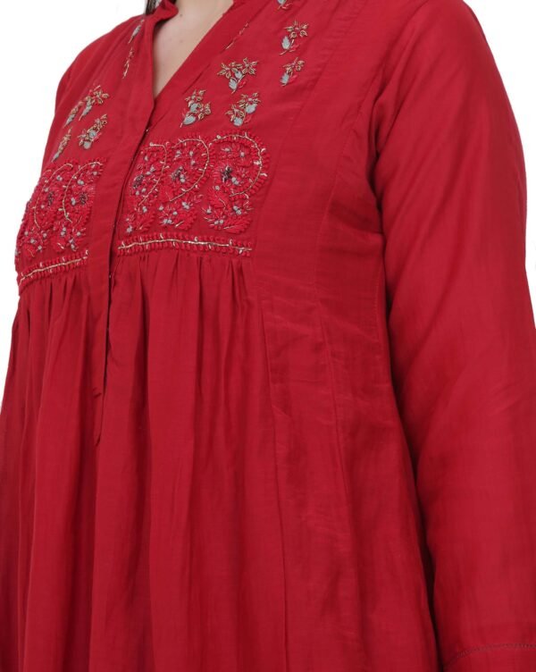 Red Cotton Silk Kurta With Delicate Zardozi Hand Embroidery On Yoke