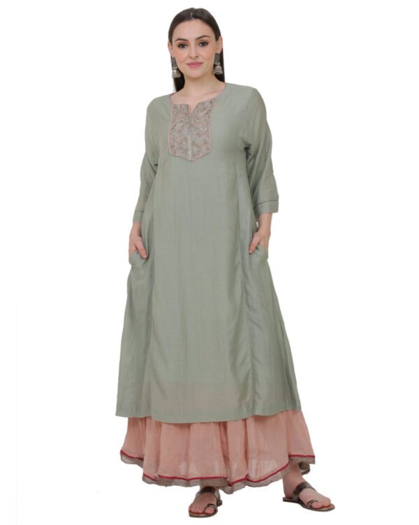 Cotton Silk Hand Thread Embroidered Kurta,Cotton Silk All Over Hand Thread Embroidered Dupatta,Cotton Dobby Crikled Skirt With Tissue Border(Set Of 3)