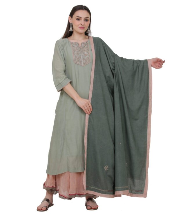 Cotton Silk Hand Thread Embroidered Kurta,Cotton Silk All Over Hand Thread Embroidered Dupatta,Cotton Dobby Crikled Skirt With Tissue Border(Set Of 3)