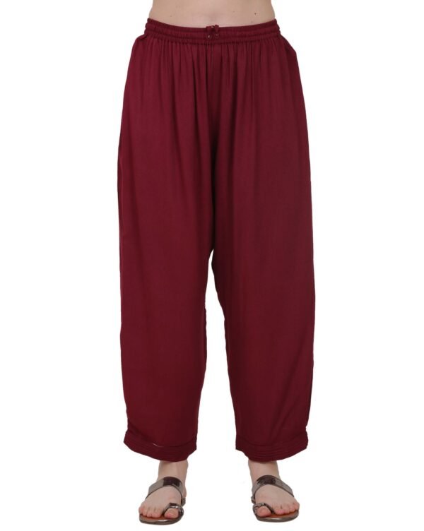 Wine Red Cotton Pants With Side Pleats