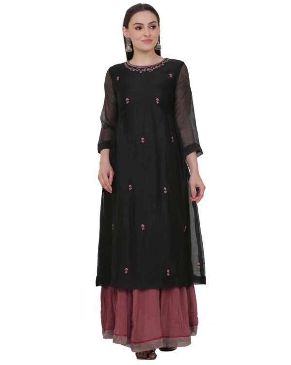 Black All Over Hand Embroidered Cotton Silk Kota Jali Kurta With Cotton Lining