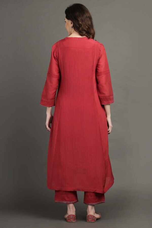 Delicate Zardozi Hand Embroidered Red Cotton Silk A Line Kurta