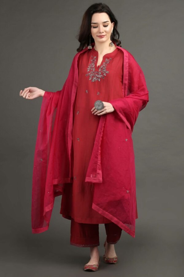 Delicate Zardozi Hand Embroidered Red Cotton Silk A Line Kurta