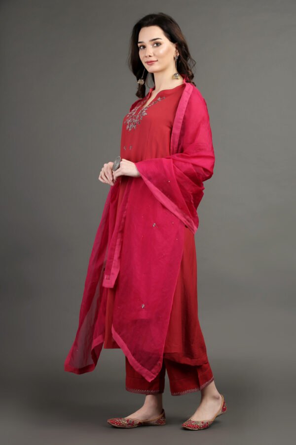 Delicate Zardozi Hand Embroidered Red Cotton Silk A Line Kurta With Beige Hand Embroidered Cotton Silk Farsh And Dupatta (Set Of 3)