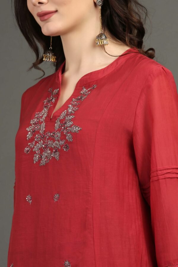 Delicate Zardozi Hand Embroidered Red Cotton Silk A Line Kurta