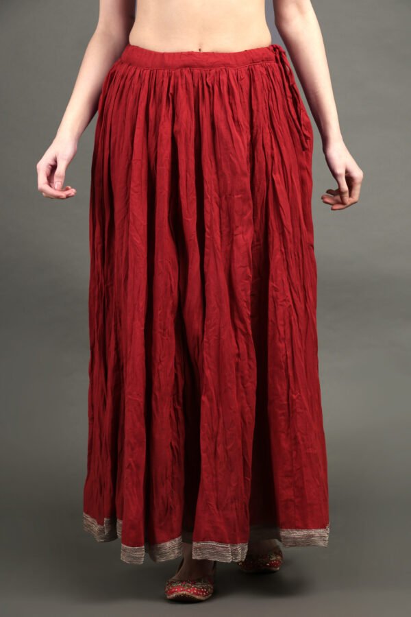 Delicate Zardozi Hand Embroidered Red Cotton Silk A Line Kurta With Beige Hand Embroidered Cotton Silk Farsh And Dupatta (Set Of 3)