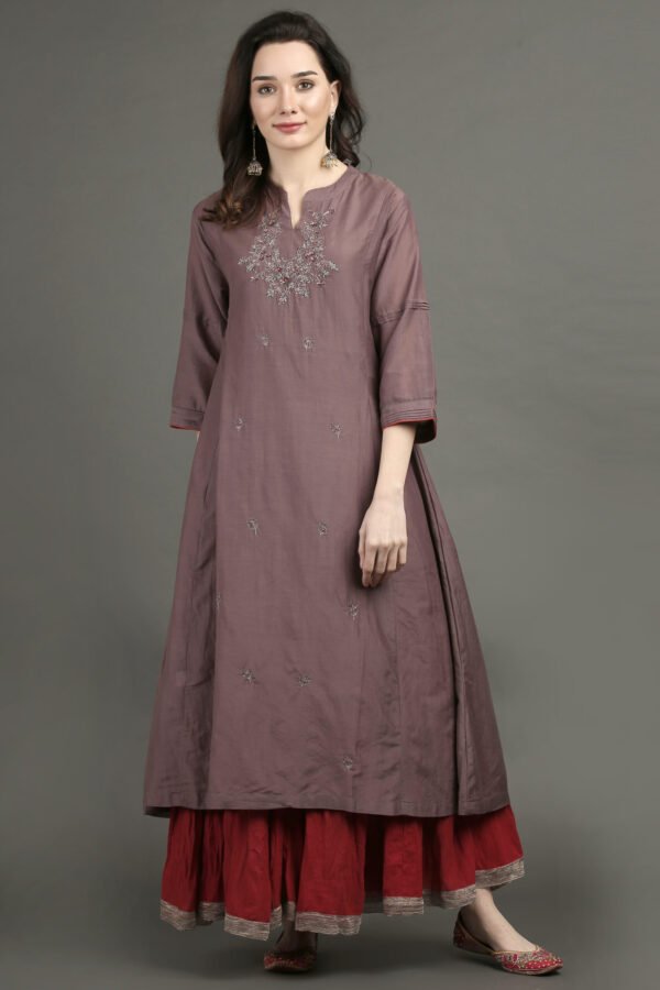 Delicate Zardozi Hand Embroidered Cotton Silk Lilac A Line Kurta