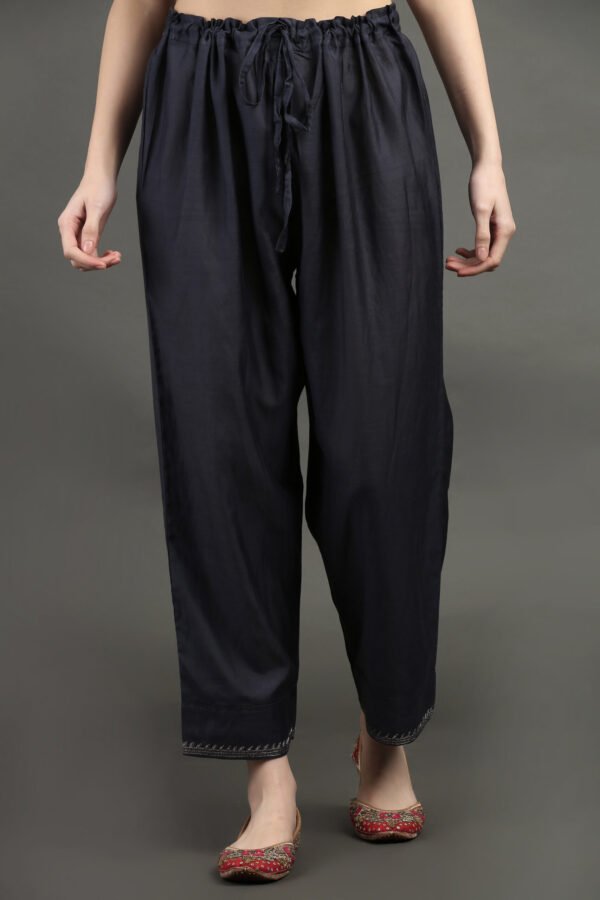 Delicate Zardozi Hand Embroidered Cotton Silk Navy A Line Kurta With Gold Tissue Border Crinkled Mul Skirt And Dupatta(Set Of 3)