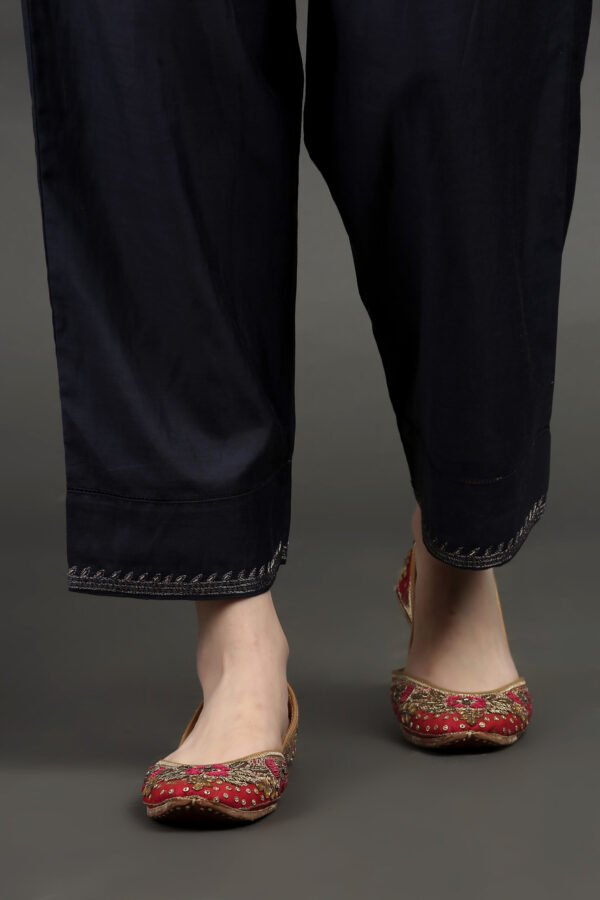 Delicate Zardozi Hand Embroidered Cotton Silk Navy A Line Kurta With Gold Tissue Border Crinkled Mul Skirt And Dupatta(Set Of 3)