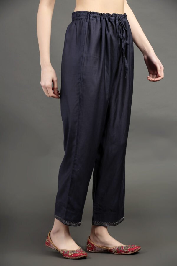 Delicate Zardozi Hand Embroidered Cotton Silk Navy A Line Kurta With Gold Tissue Border Crinkled Mul Skirt And Dupatta(Set Of 3)