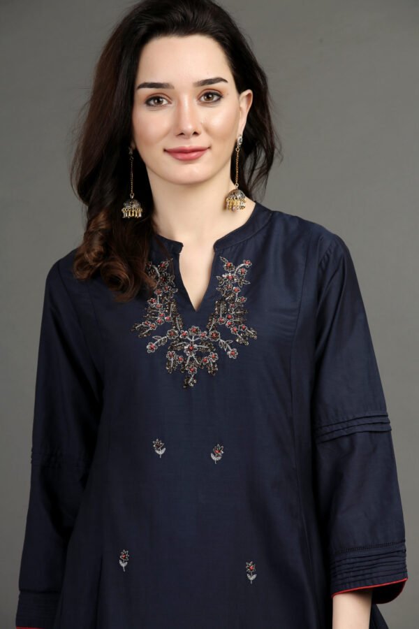 Delicate Zardozi Hand Embroidered Cotton Silk Navy A Line Kurta