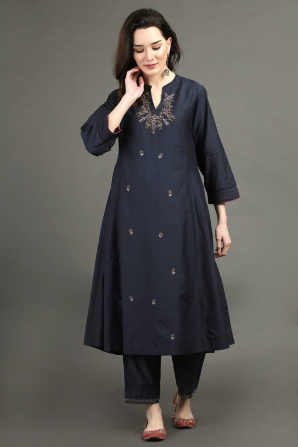Delicate Zardozi Hand Embroidered Cotton Silk Navy A Line Kurta