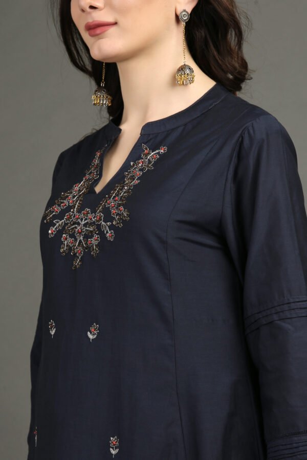 Delicate Zardozi Hand Embroidered Cotton Silk Navy A Line Kurta