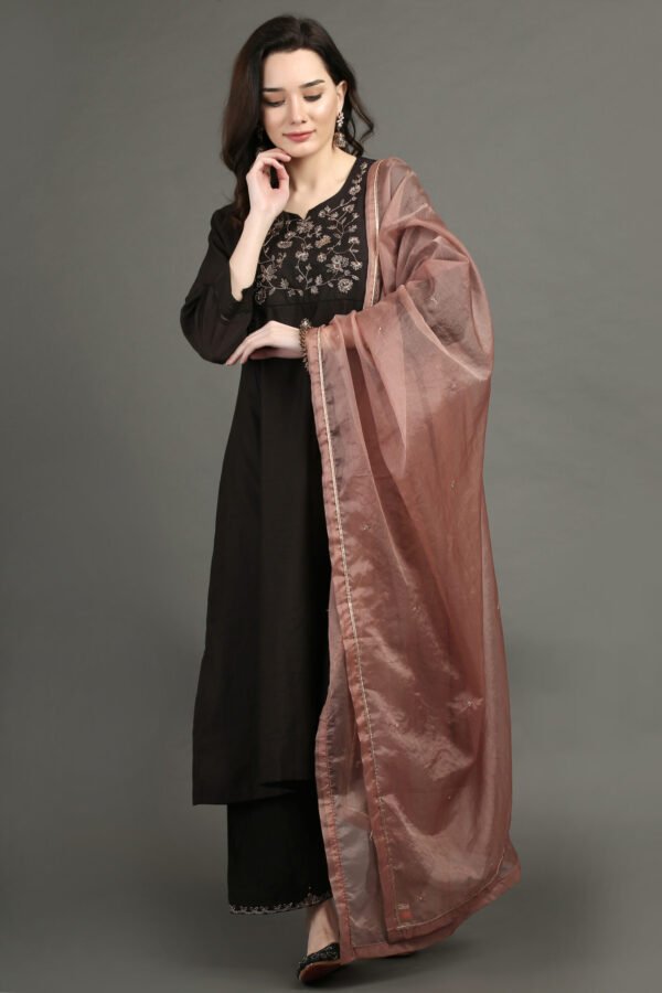 Delicate Zardozi Hand Embroidered Lined A Line Kurta With Zardozi Hand Embroidered Adjustable Waist Pants And Dupatta(Set Of 3)