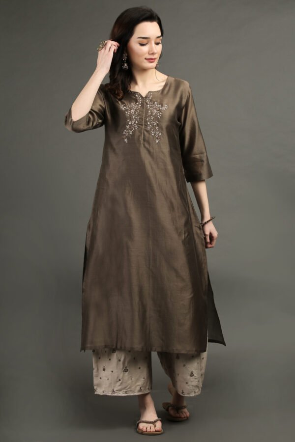 Delicate Hand Embroidered Silk Chanderi A Line Kurta With Beige Hand Embroidered Cotton Silk Farshi (Set Of 2)