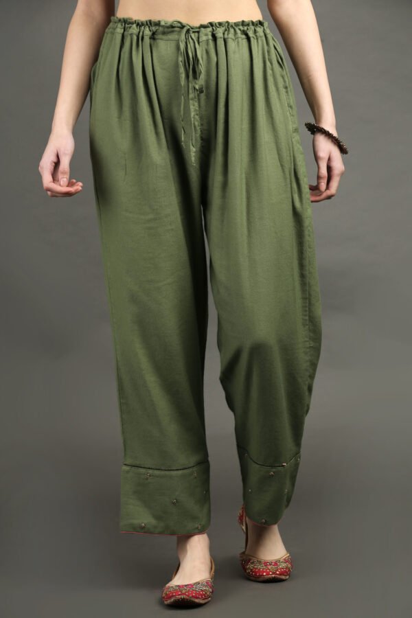 Hand Embroidered Olive Green A Line Kurta With Hand Embroidered Adjustable Waist Pants And Dupata (Set Of 3)