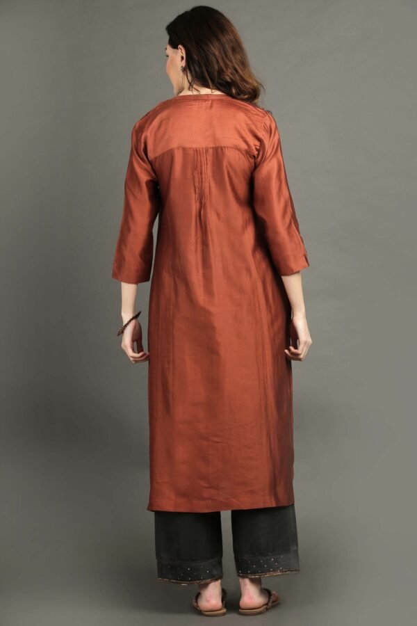 Rust Hand Embroidered Kurta With Pintuck Detail With Hand Embroidered Adhjustable Pants And Dupatta(Set Of 3)