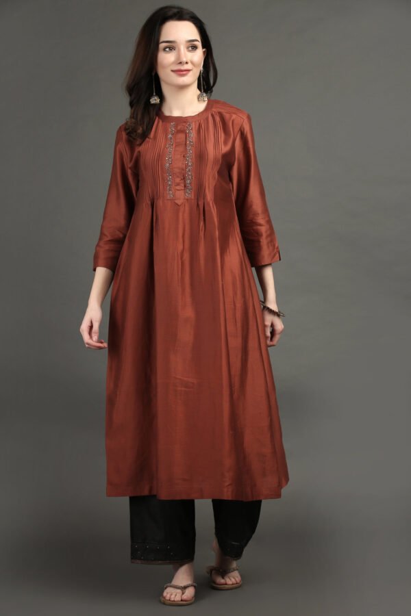 Rust Hand Embroidered Kurta With Pintuck Detail