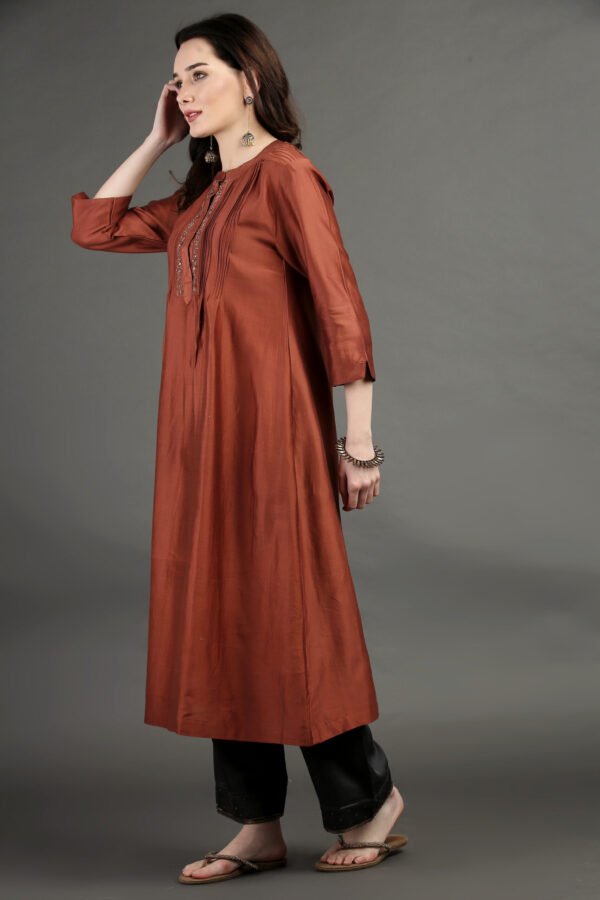 Rust Hand Embroidered Kurta With Pintuck Detail