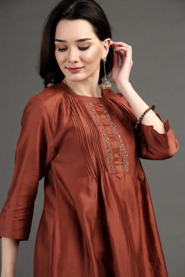 Rust Hand Embroidered Kurta With Pintuck Detail