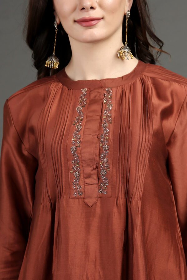 Rust Hand Embroidered Kurta With Pintuck Detail