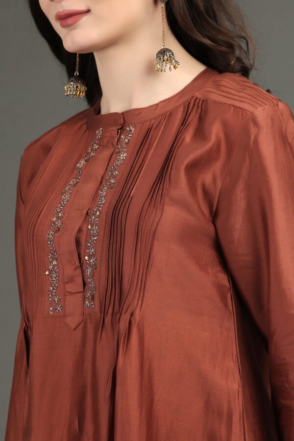 Rust Hand Embroidered Kurta With Pintuck Detail