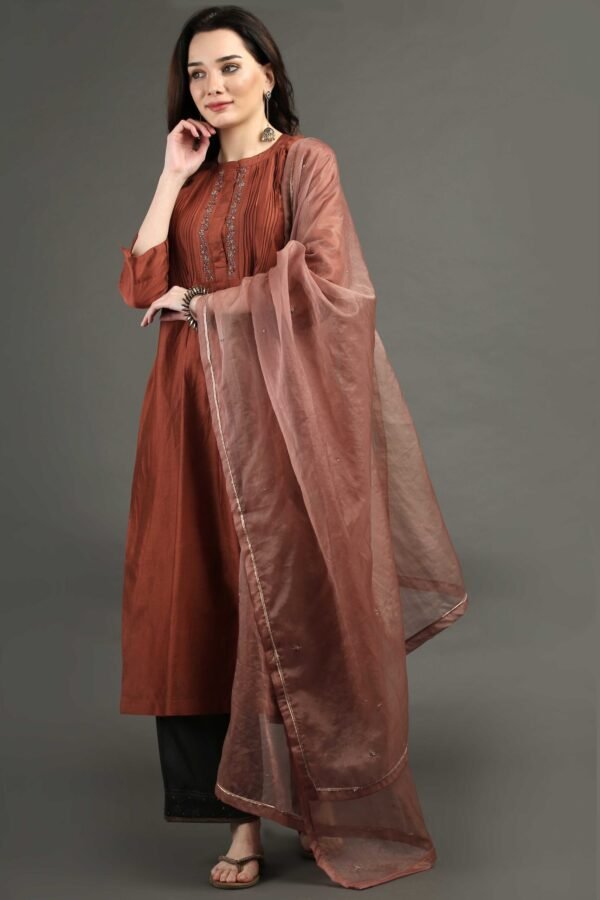 Rust Hand Embroidered Kurta With Pintuck Detail With Hand Embroidered Adhjustable Pants And Dupatta(Set Of 3)