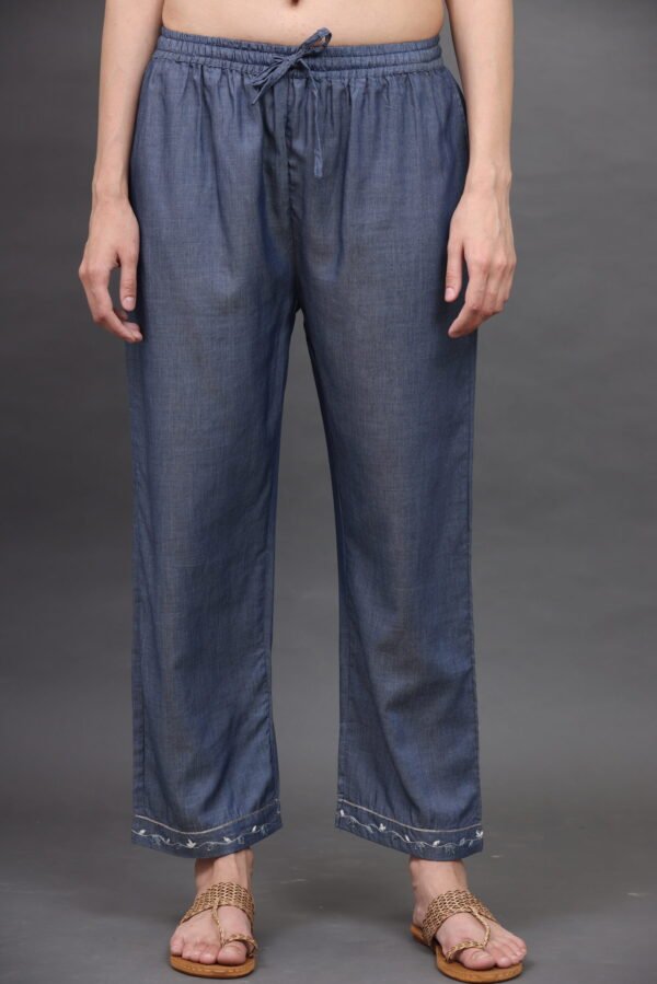 V NECK DELICATE ZARDOZI HAND EMBROIDERED A LINE COTTON CHAMBREY KURTA & PANT (Set of 2)