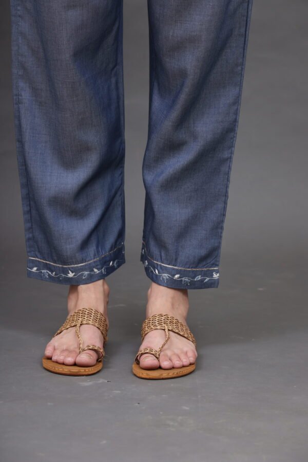 V NECK DELICATE ZARDOZI HAND EMBROIDERED A LINE COTTON CHAMBREY KURTA & PANT (Set of 2)