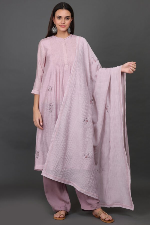 JACQUARD HAND EMBROIDERED A LINE KURTA, PANT & DUPATTA(Set of 3)