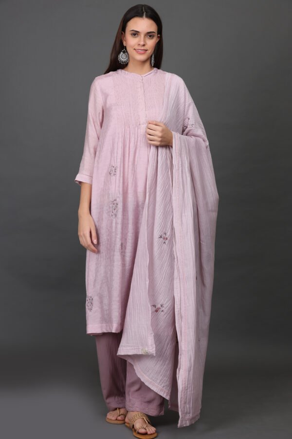 JACQUARD HAND EMBROIDERED A LINE KURTA, PANT & DUPATTA(Set of 3)