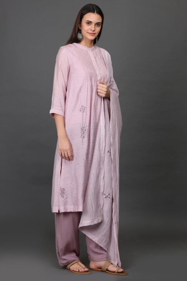 JACQUARD HAND EMBROIDERED A LINE KURTA, PANT & DUPATTA(Set of 3)